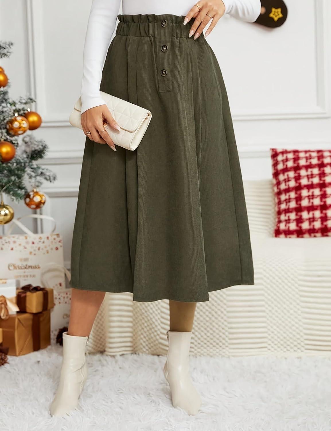 imageIDEALSANXUN Womens Corduroy Skirts Fall Winter High Waisted A Line Pleated Midi SkirtArmy