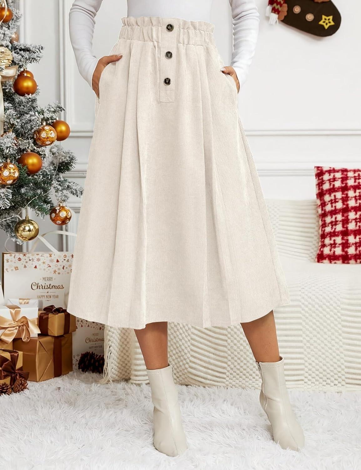 imageIDEALSANXUN Womens Corduroy Skirts Fall Winter High Waisted A Line Pleated Midi SkirtBeige