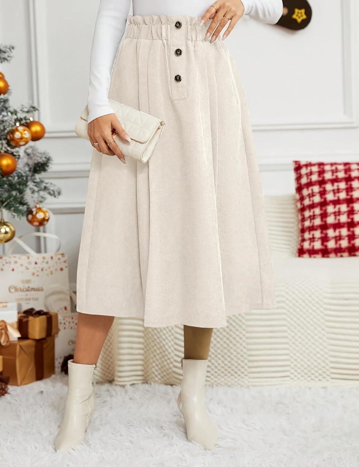 imageIDEALSANXUN Womens Corduroy Skirts Fall Winter High Waisted A Line Pleated Midi SkirtBeige