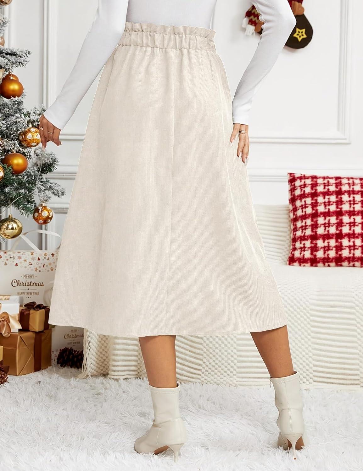 imageIDEALSANXUN Womens Corduroy Skirts Fall Winter High Waisted A Line Pleated Midi SkirtBeige