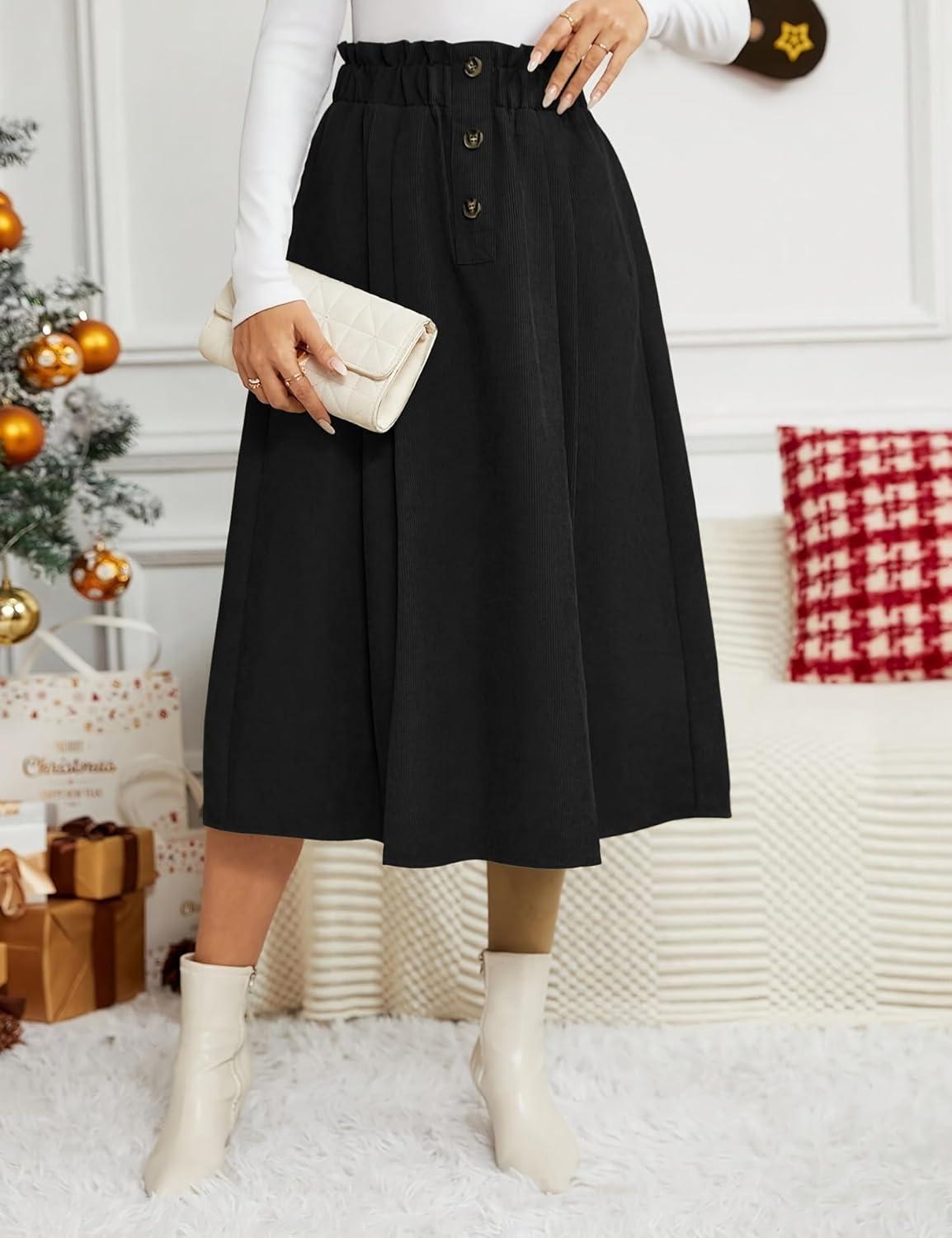 imageIDEALSANXUN Womens Corduroy Skirts Fall Winter High Waisted A Line Pleated Midi SkirtBlack