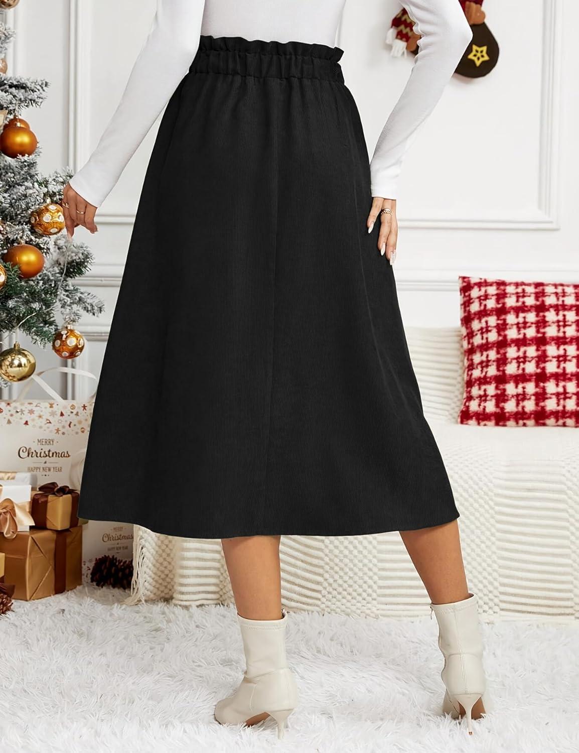 imageIDEALSANXUN Womens Corduroy Skirts Fall Winter High Waisted A Line Pleated Midi SkirtBlack