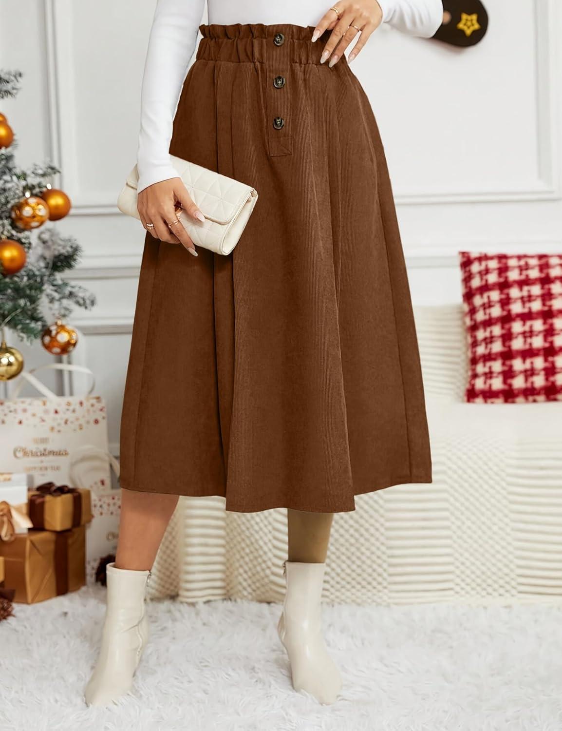 imageIDEALSANXUN Womens Corduroy Skirts Fall Winter High Waisted A Line Pleated Midi SkirtBrown