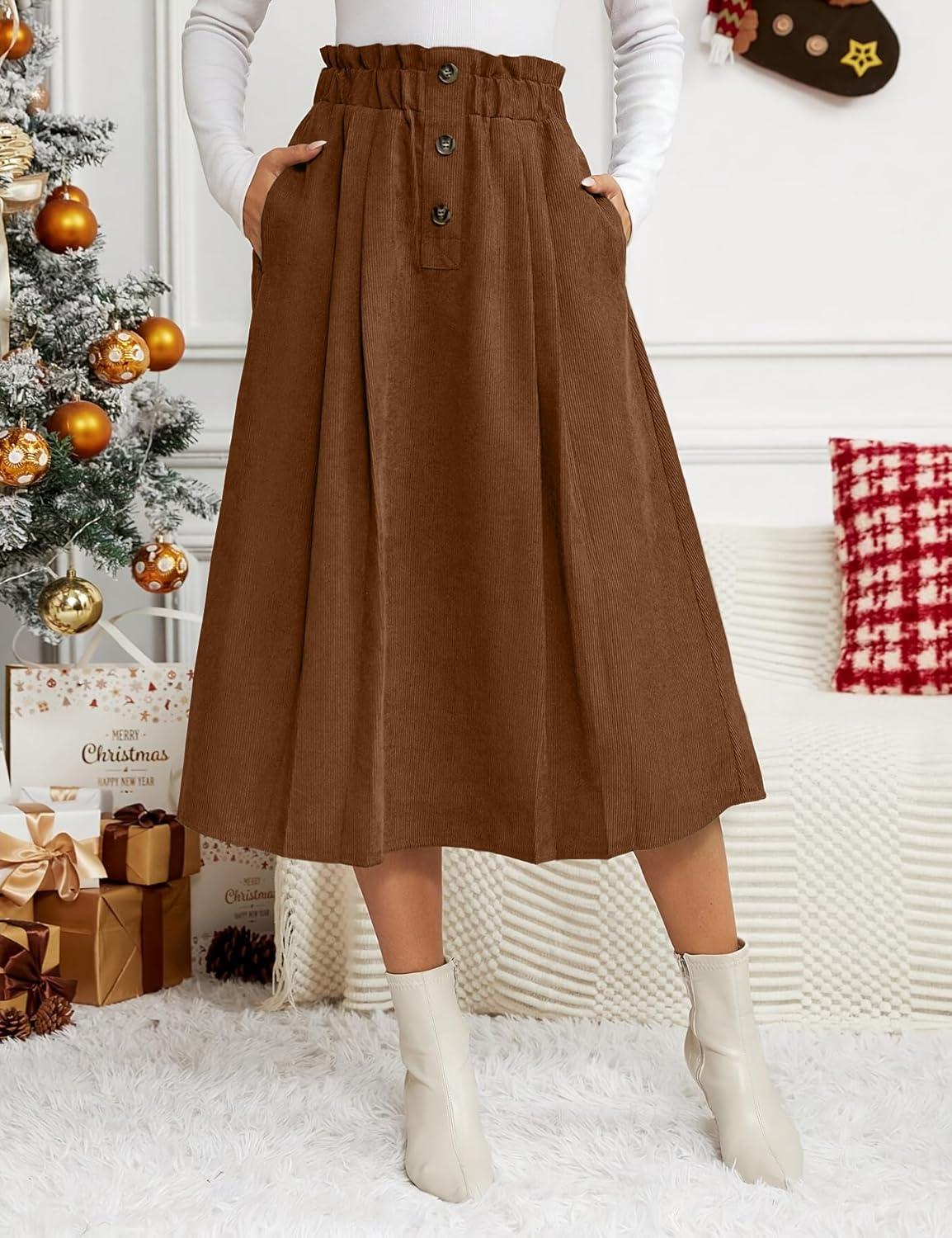 imageIDEALSANXUN Womens Corduroy Skirts Fall Winter High Waisted A Line Pleated Midi SkirtBrown