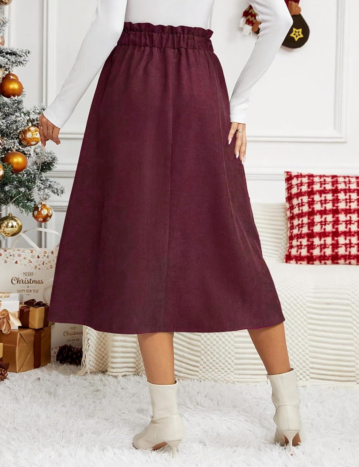 imageIDEALSANXUN Womens Corduroy Skirts Fall Winter High Waisted A Line Pleated Midi SkirtWine Red