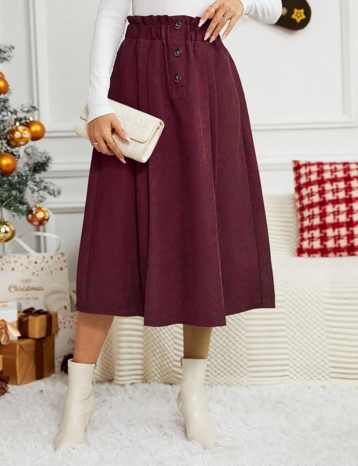 imageIDEALSANXUN Womens Corduroy Skirts Fall Winter High Waisted A Line Pleated Midi SkirtWine Red