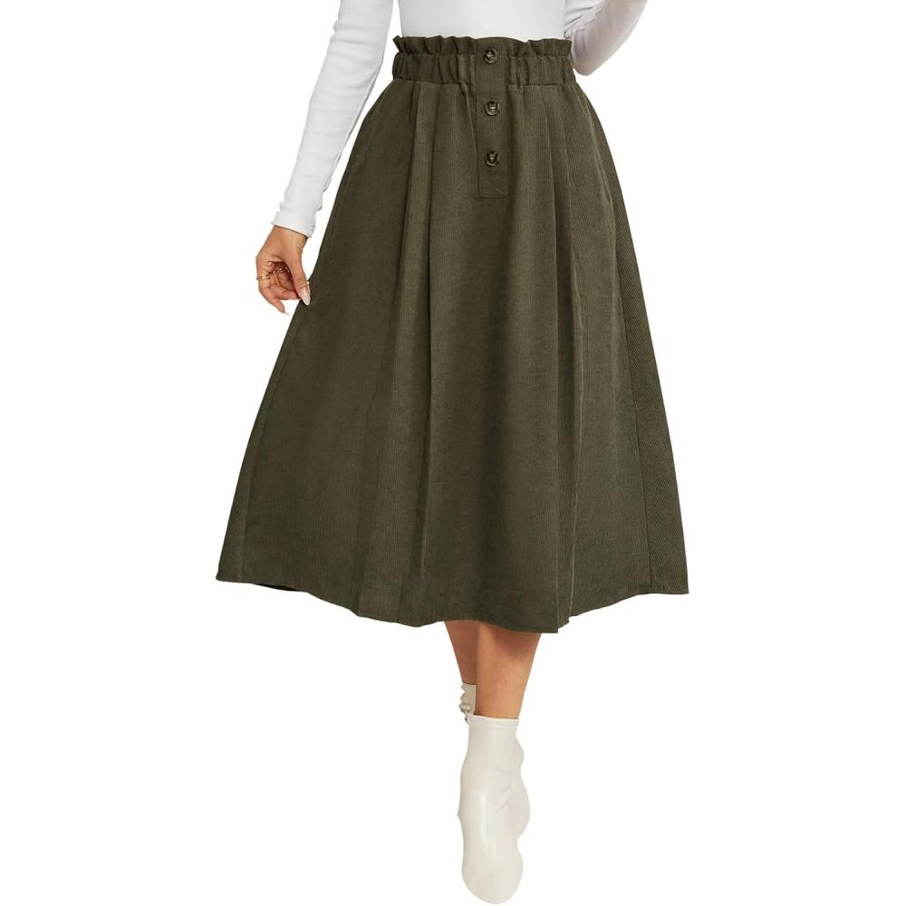 imageIDEALSANXUN Womens Corduroy Skirts Fall Winter High Waisted A Line Pleated Midi SkirtArmy