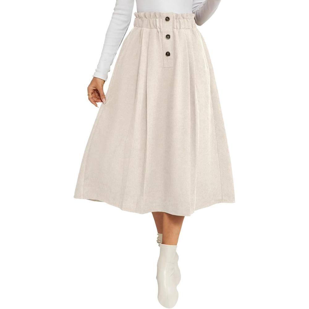 imageIDEALSANXUN Womens Corduroy Skirts Fall Winter High Waisted A Line Pleated Midi SkirtBeige