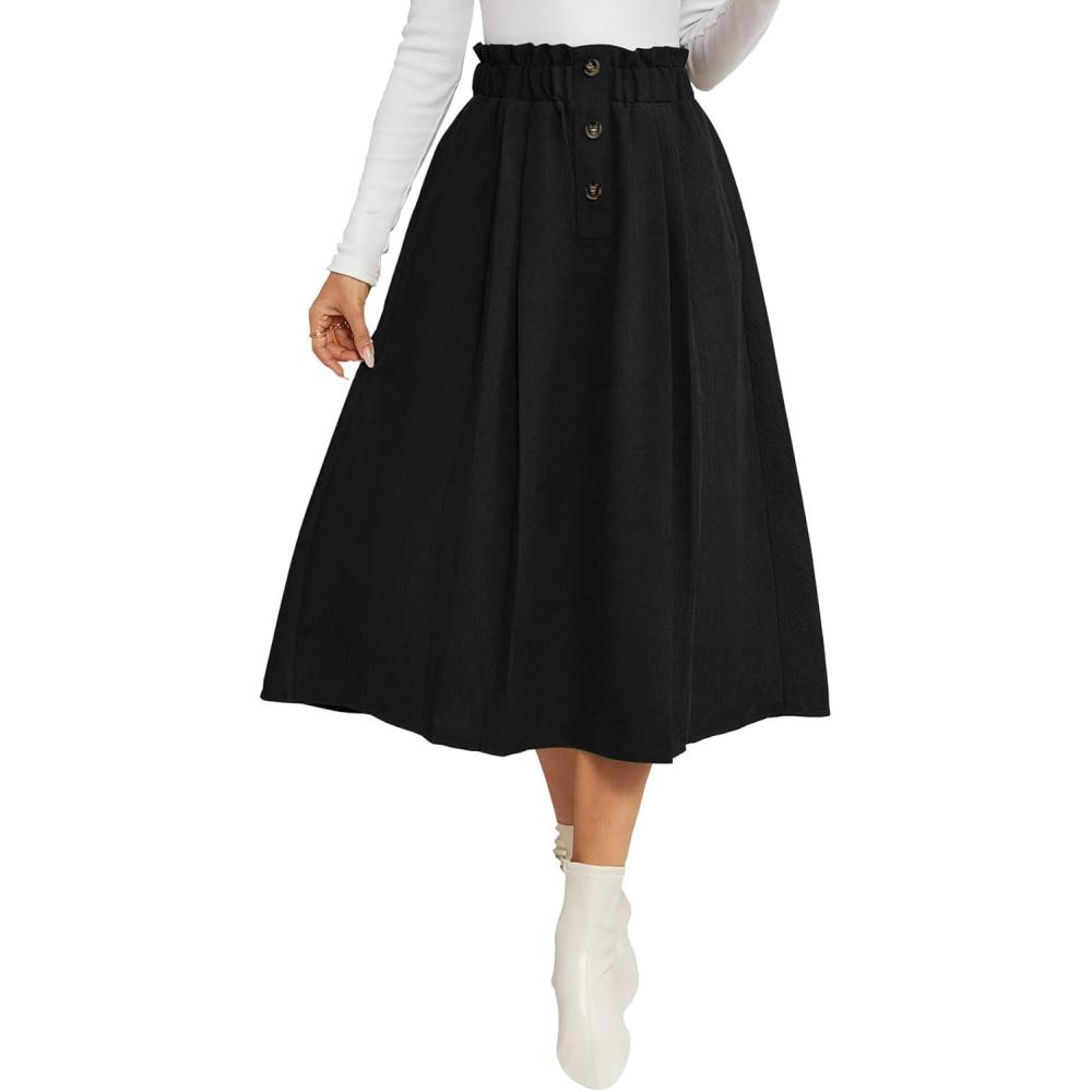 imageIDEALSANXUN Womens Corduroy Skirts Fall Winter High Waisted A Line Pleated Midi SkirtBlack