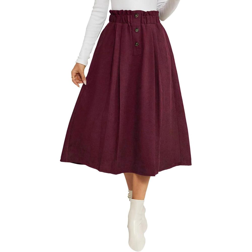 imageIDEALSANXUN Womens Corduroy Skirts Fall Winter High Waisted A Line Pleated Midi SkirtWine Red
