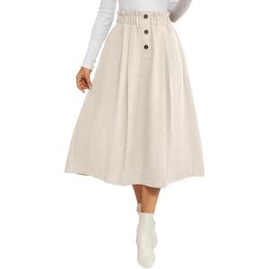 imageIDEALSANXUN Womens Corduroy Skirts Fall Winter High Waisted A Line Pleated Midi SkirtBeige