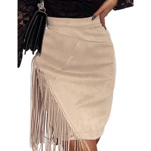 imageIDEALSANXUN Fringe Suede Skirt for Women High Waisted Fall Winter Tassel Short Mini Skirt 2025Beige