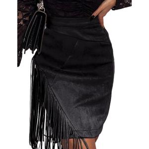 imageIDEALSANXUN Fringe Suede Skirt for Women High Waisted Fall Winter Tassel Short Mini Skirt 2025Black
