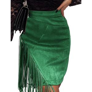 imageIDEALSANXUN Fringe Suede Skirt for Women High Waisted Fall Winter Tassel Short Mini Skirt 2025Green