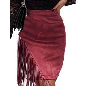imageIDEALSANXUN Fringe Suede Skirt for Women High Waisted Fall Winter Tassel Short Mini Skirt 2025Wine
