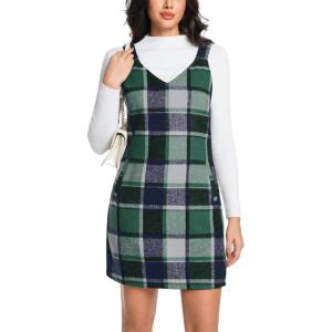 imageIDEALSANXUN Womens Plaid Overall Dress Fall Winter V Neck Sleeveless Pinafore Jumper Dress OverallsGreen