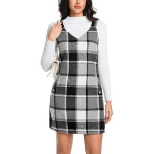imageIDEALSANXUN Womens Plaid Overall Dress Fall Winter V Neck Sleeveless Pinafore Jumper Dress OverallsGrey