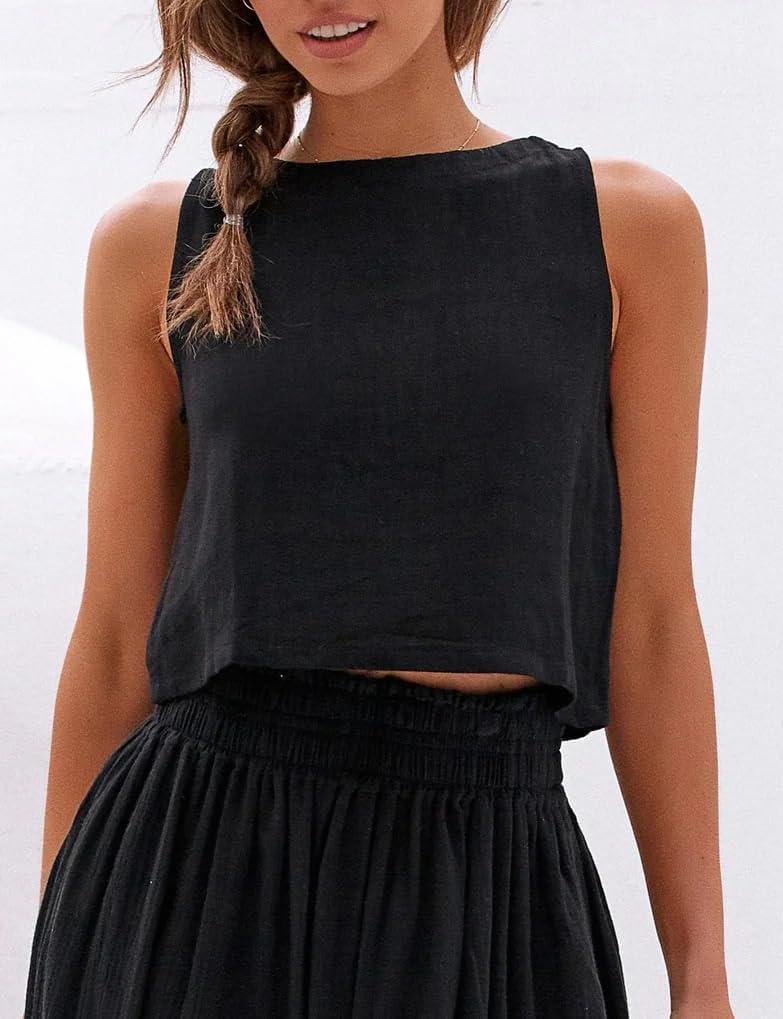 imageIDEALSANXUN Womens Linen Crop Tank Tops Cute Summer Sleeveless Cropped Linen TopsBlack