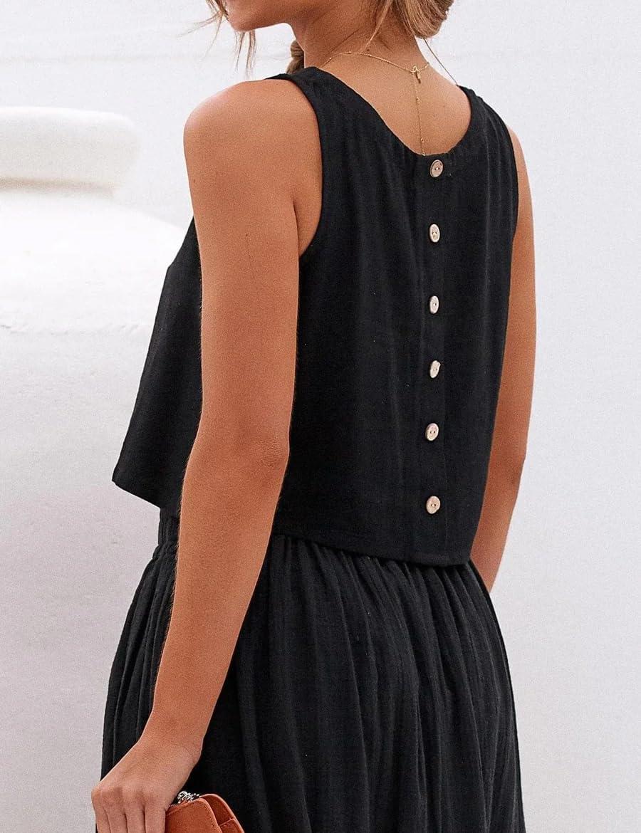 imageIDEALSANXUN Womens Linen Crop Tank Tops Cute Summer Sleeveless Cropped Linen TopsBlack