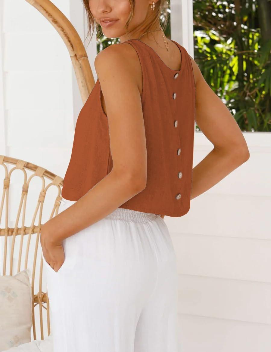 imageIDEALSANXUN Womens Linen Crop Tank Tops Cute Summer Sleeveless Cropped Linen TopsBrick Red