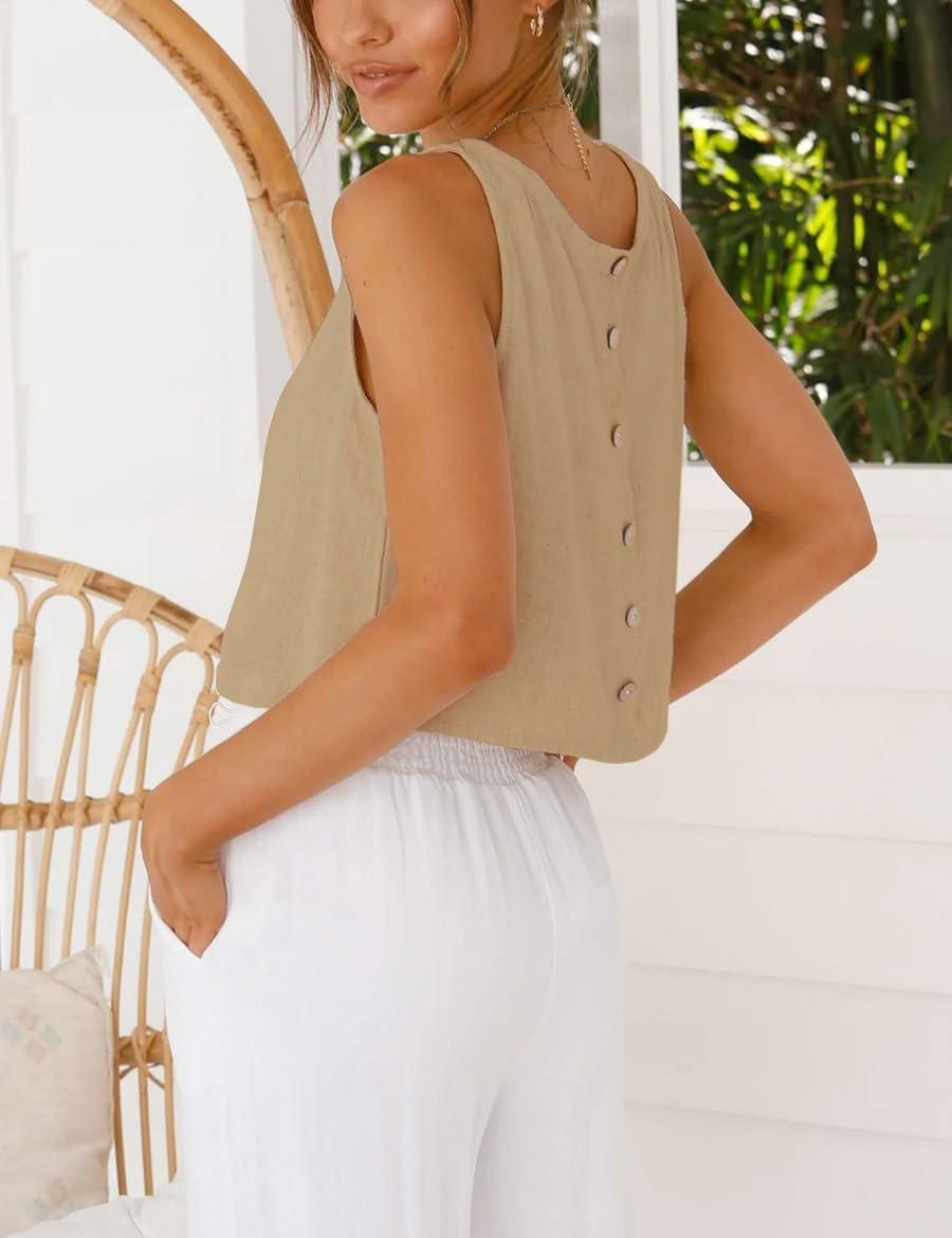 imageIDEALSANXUN Womens Linen Crop Tank Tops Cute Summer Sleeveless Cropped Linen TopsDark Khaki