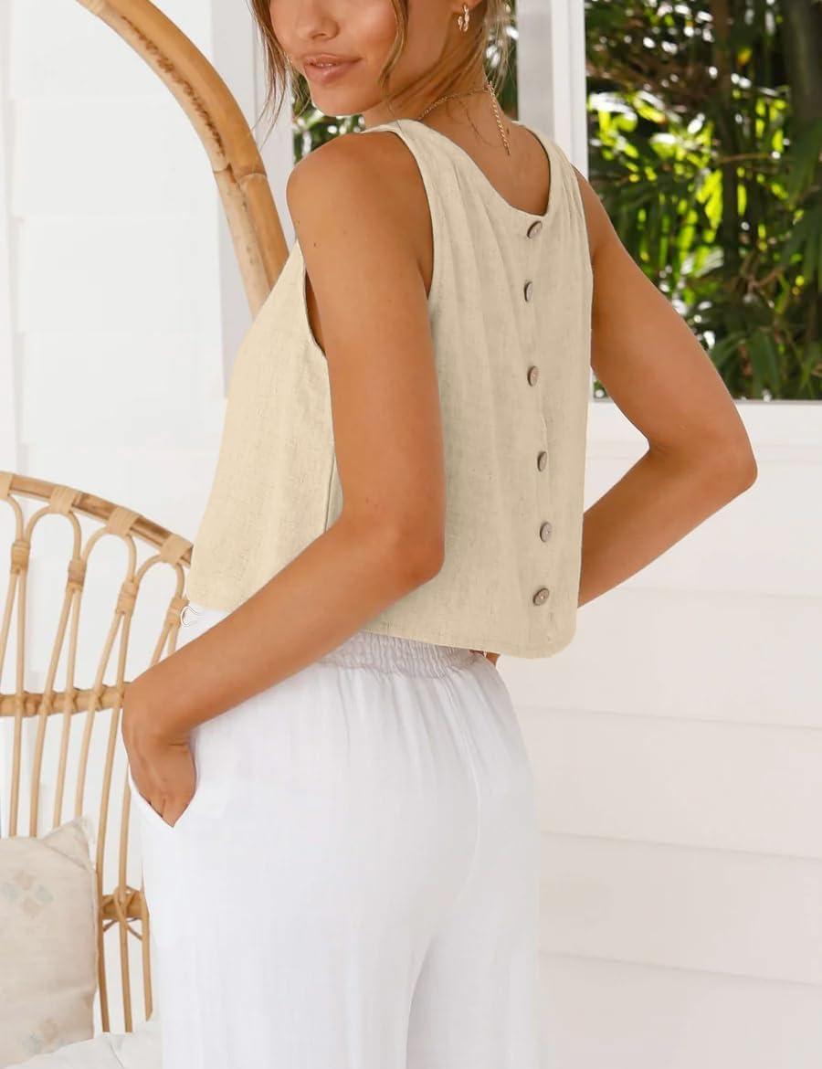 imageIDEALSANXUN Womens Linen Crop Tank Tops Cute Summer Sleeveless Cropped Linen TopsKhaki