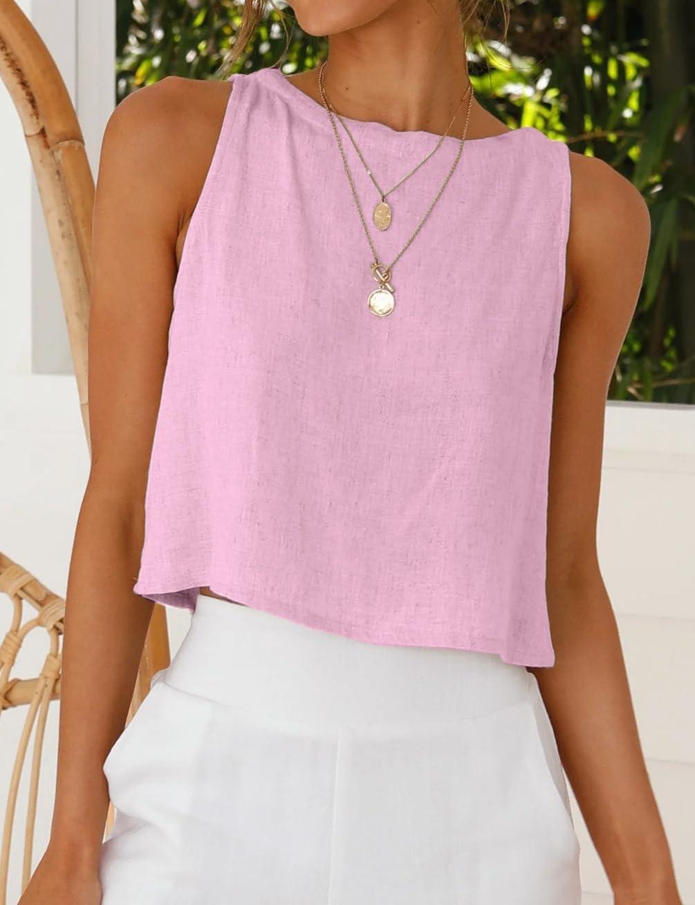 imageIDEALSANXUN Womens Linen Crop Tank Tops Cute Summer Sleeveless Cropped Linen TopsPink New