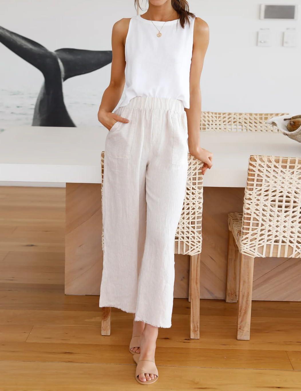 imageIDEALSANXUN Womens Linen Crop Tank Tops Cute Summer Sleeveless Cropped Linen TopsWhite