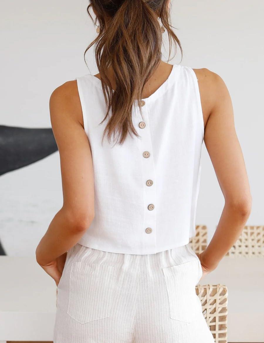 imageIDEALSANXUN Womens Linen Crop Tank Tops Cute Summer Sleeveless Cropped Linen TopsWhite