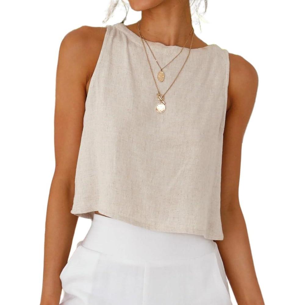 imageIDEALSANXUN Womens Linen Crop Tank Tops Cute Summer Sleeveless Cropped Linen TopsBeige