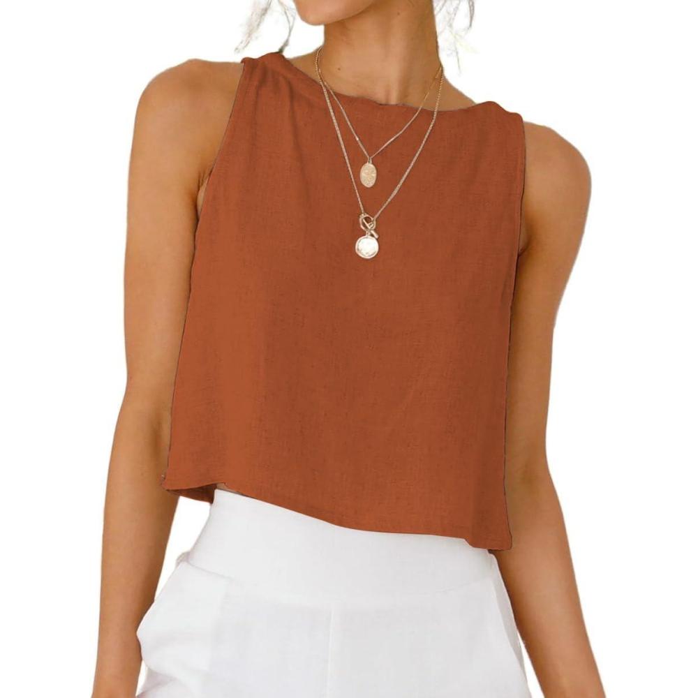 imageIDEALSANXUN Womens Linen Crop Tank Tops Cute Summer Sleeveless Cropped Linen TopsBrick Red