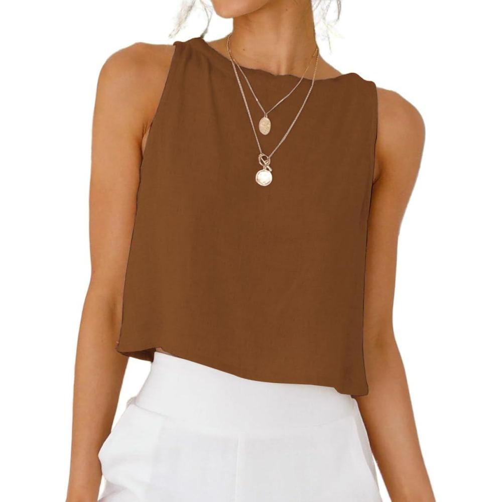 imageIDEALSANXUN Womens Linen Crop Tank Tops Cute Summer Sleeveless Cropped Linen TopsCoffee