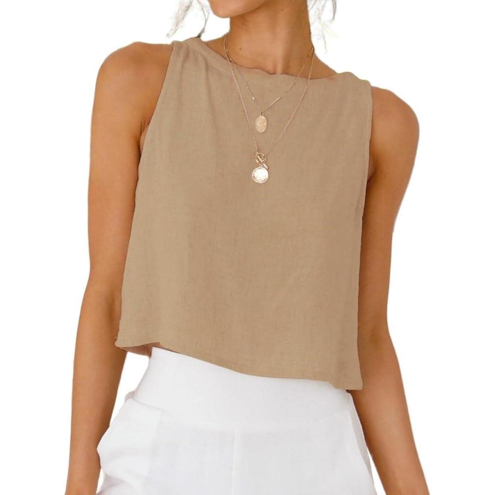 imageIDEALSANXUN Womens Linen Crop Tank Tops Cute Summer Sleeveless Cropped Linen TopsDark Khaki