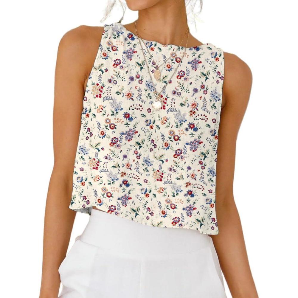 imageIDEALSANXUN Womens Linen Crop Tank Tops Cute Summer Sleeveless Cropped Linen TopsFloral Beige
