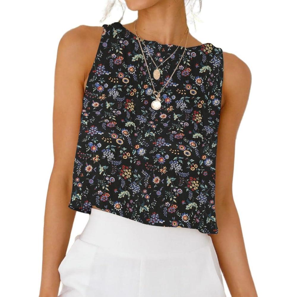 imageIDEALSANXUN Womens Linen Crop Tank Tops Cute Summer Sleeveless Cropped Linen TopsFloral Black