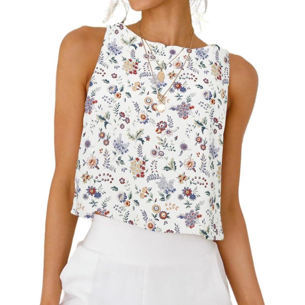 imageIDEALSANXUN Womens Linen Crop Tank Tops Cute Summer Sleeveless Cropped Linen TopsFloral White