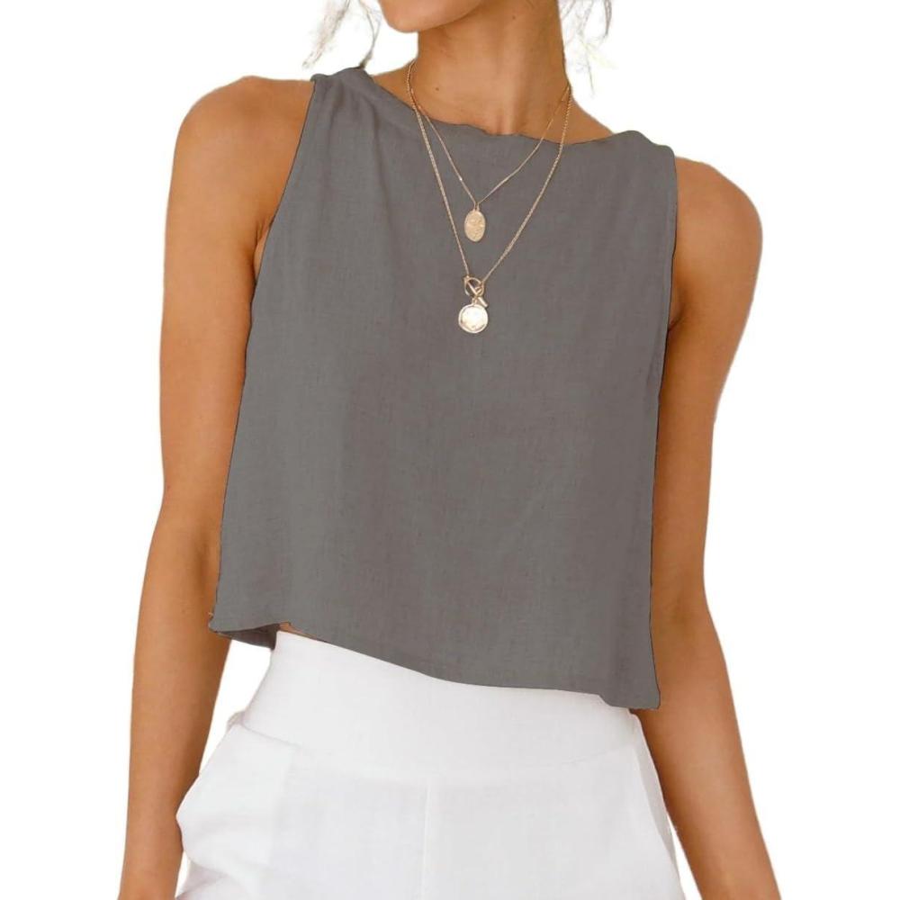 imageIDEALSANXUN Womens Linen Crop Tank Tops Cute Summer Sleeveless Cropped Linen TopsGrey