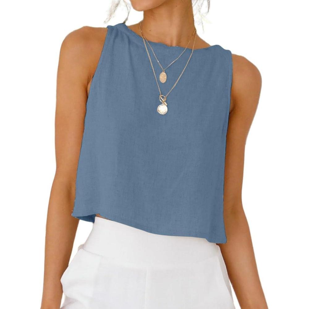 imageIDEALSANXUN Womens Linen Crop Tank Tops Cute Summer Sleeveless Cropped Linen TopsGrey Blue