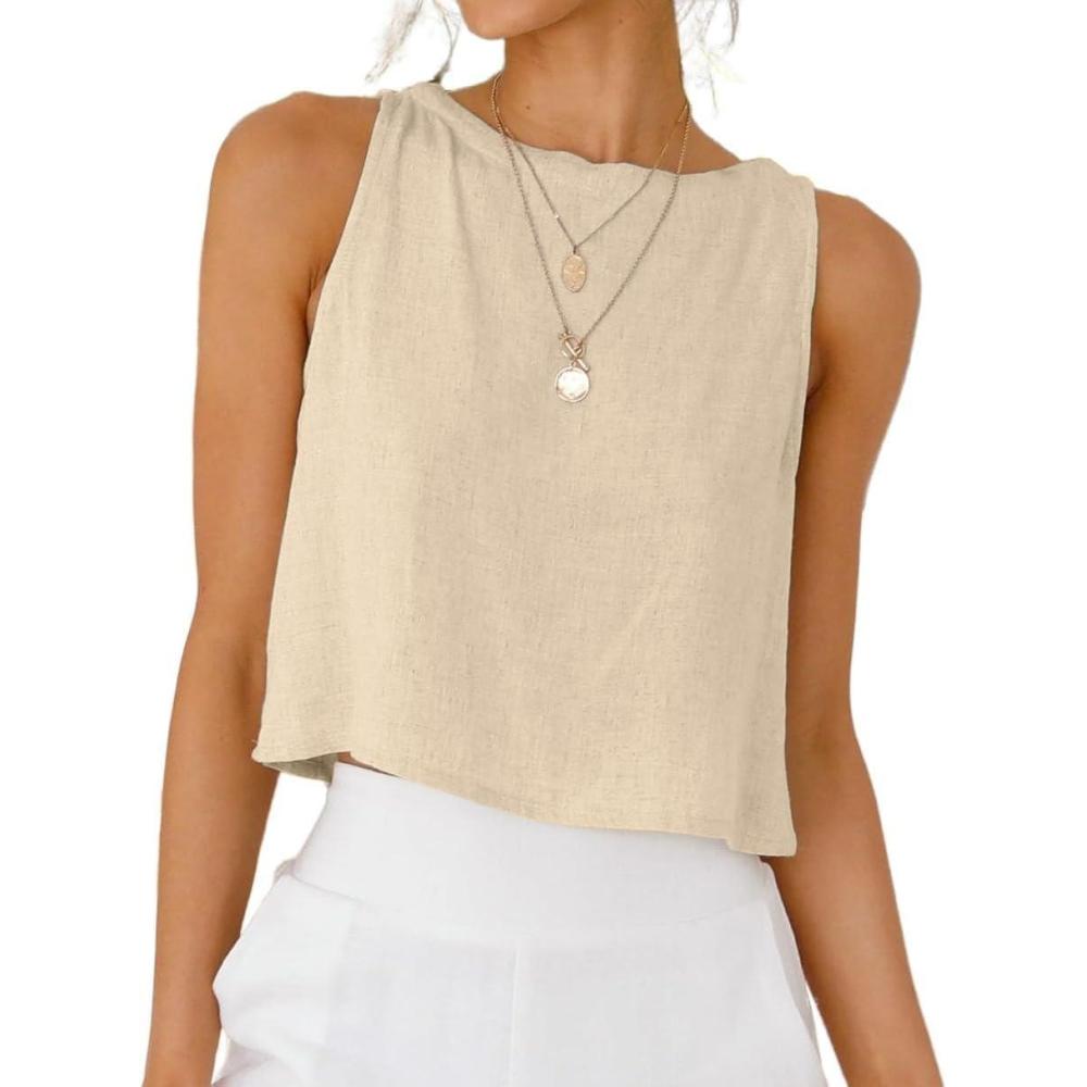 imageIDEALSANXUN Womens Linen Crop Tank Tops Cute Summer Sleeveless Cropped Linen TopsKhaki