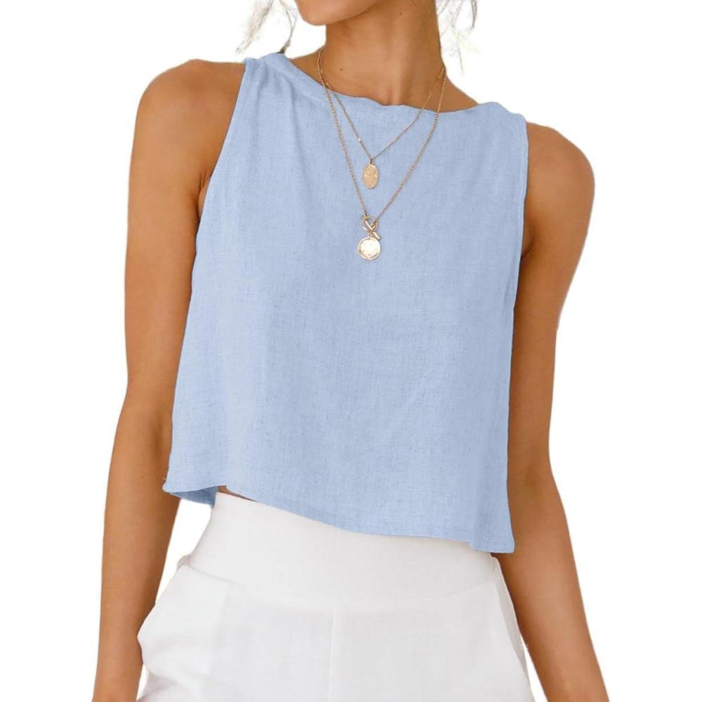 imageIDEALSANXUN Womens Linen Crop Tank Tops Cute Summer Sleeveless Cropped Linen TopsLight Blue