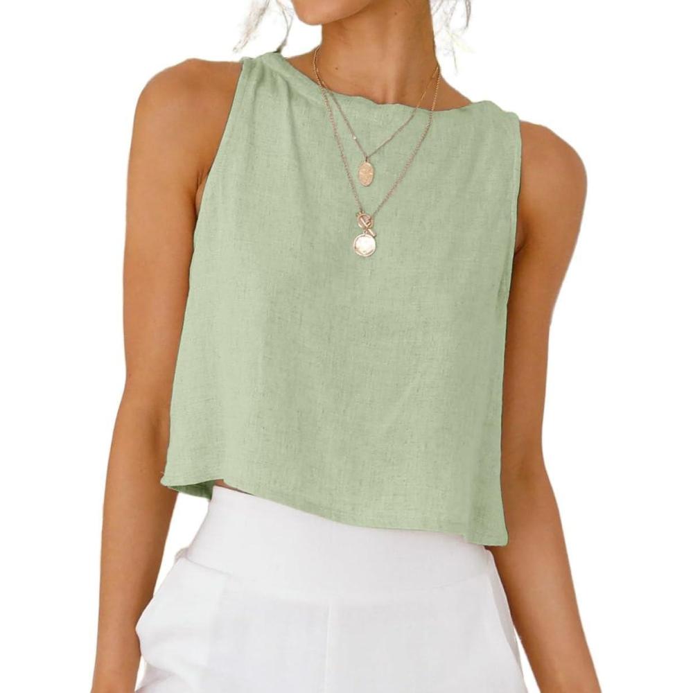 imageIDEALSANXUN Womens Linen Crop Tank Tops Cute Summer Sleeveless Cropped Linen TopsLight Green