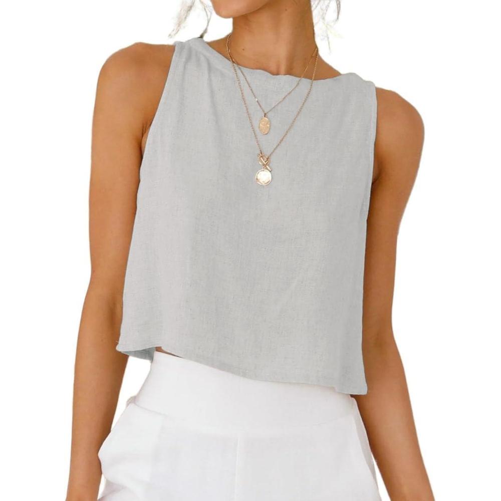 imageIDEALSANXUN Womens Linen Crop Tank Tops Cute Summer Sleeveless Cropped Linen TopsLight Grey