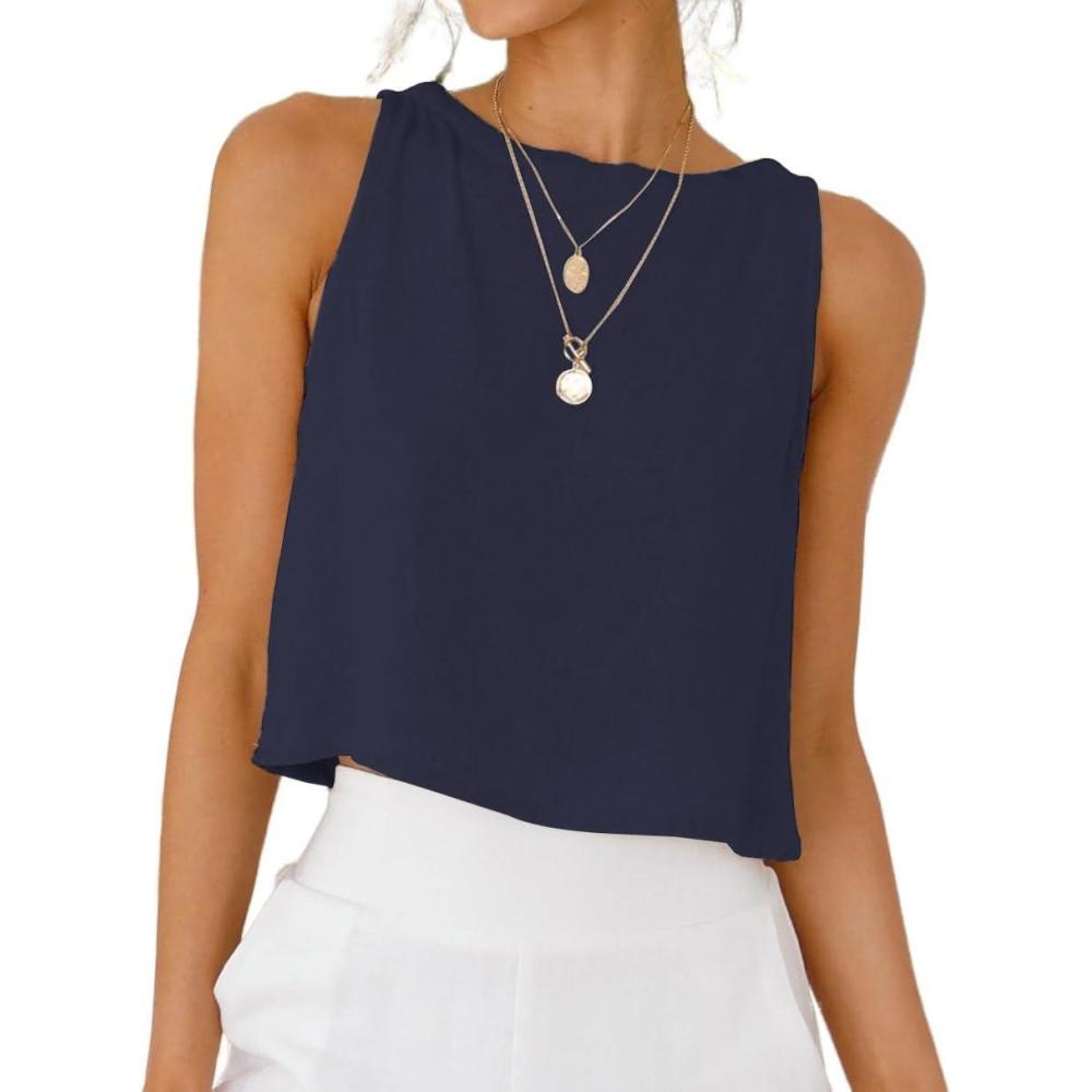imageIDEALSANXUN Womens Linen Crop Tank Tops Cute Summer Sleeveless Cropped Linen TopsNavy