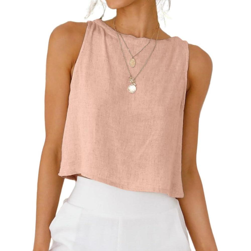 imageIDEALSANXUN Womens Linen Crop Tank Tops Cute Summer Sleeveless Cropped Linen TopsPink