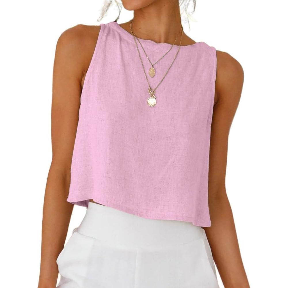 imageIDEALSANXUN Womens Linen Crop Tank Tops Cute Summer Sleeveless Cropped Linen TopsPink New