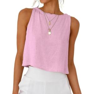 imageIDEALSANXUN Womens Linen Crop Tank Tops Cute Summer Sleeveless Cropped Linen TopsPink New