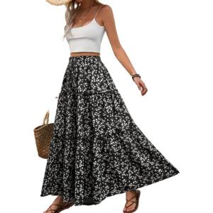 imageIDEALSANXUN Floral Skirt for Women 2024 Summer Boho Elastic High Waisted Tiered Beach A Line Pleated Long Maxi SkirtsBlack