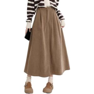 imageIDEASLANXUN Womens Fall Winter Corduroy Skirt High Elastic Waisted Aline Pleated Long Maxi SkirtKhaki