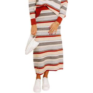 imageIDEALSANXUN Womens Striped Sweater Skirt Fall Winter High Waisted Pencil Midi Long SkirtOrange