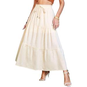 imageIDEALSANXUN Linen Skirts for Women Spring Summer A Line Elastic High Waisted Casual Drawstring Flowy Tiered Midi SkirtBeige